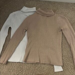 SHEIN White and Tan Cowl Turtleneck Sweaters Ribbed Knit